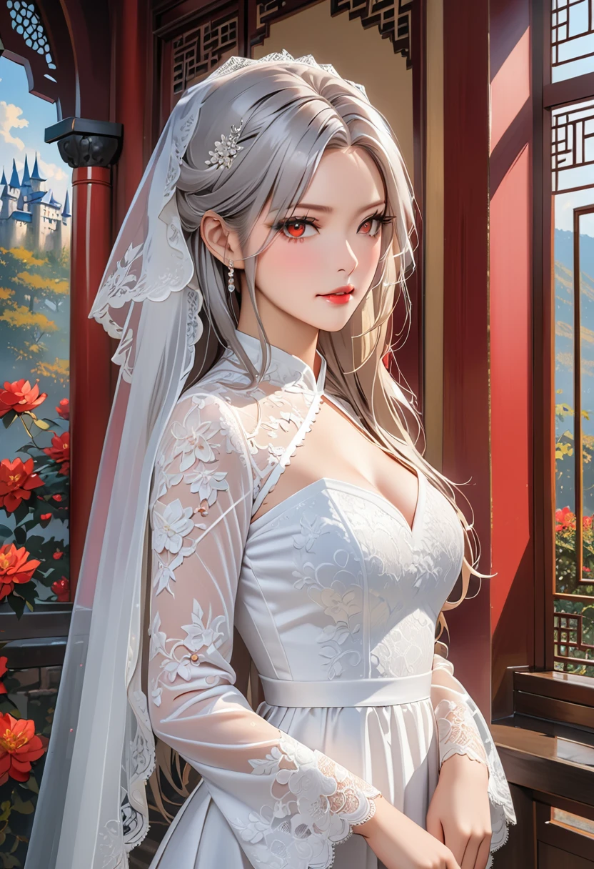 masterpiece, best quality, hd, high resolution, (1 girl), ((cold demeanor)), ((straight face)),  ((closed mouth)), long hair, white veil, silver hair, (wolf cut hairstyle), wedding ring, porcelain skin, BREAK, glowing, red eyes, (fangs), BREAK, (classy, white, lace dress covering feet), (bare footed), (dress hast lace sleeves), (tight sleeve), average bust, standing, hands to side, (full body view), (castle interior background)