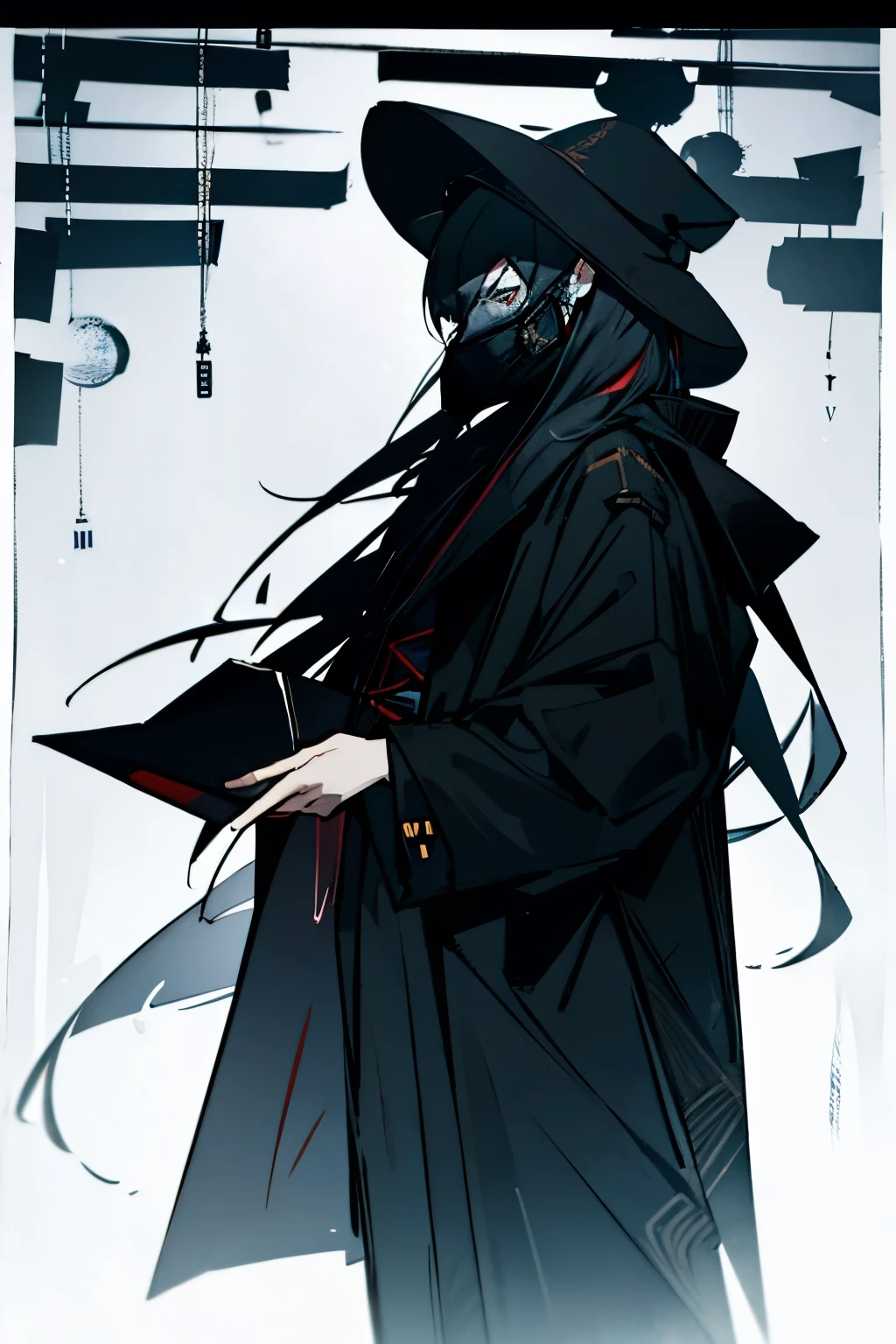  The doctor wears a black mask, long hair, a long black raincoat, and a hat. 