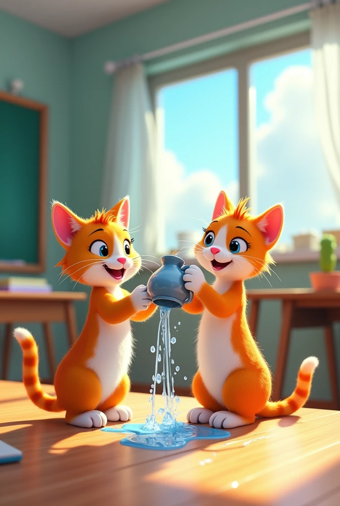 Two cats in a school class one cat pour water on another cat  animated