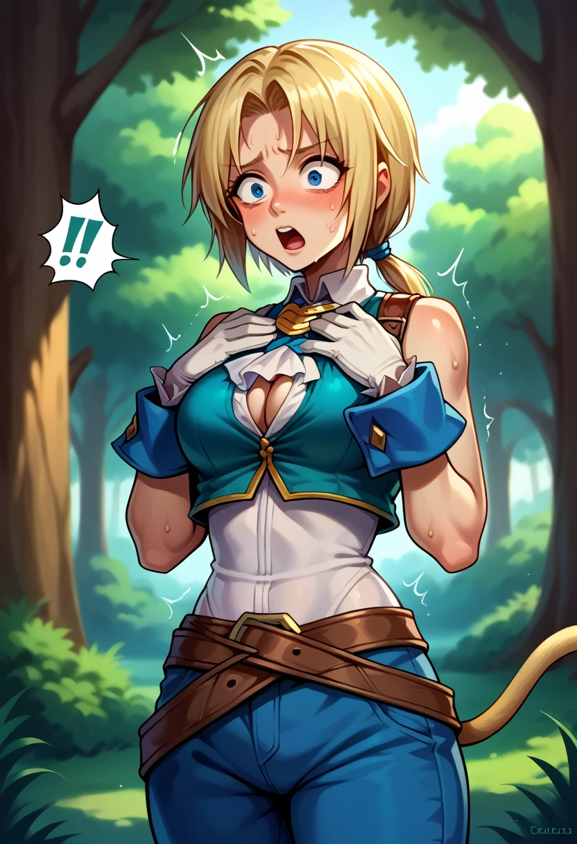 score_9, score_8_up, score_7_up, (female:1.5), 1girl solo, female focus, female body, skinny, zidane, blonde hair, medium hair, blue eyes, monkey tail, low ponytail, parted bangs, gloves, blue pants, standing, shocked, shaking, sweating, hands on chest, cleavage, white aura, looking down , deep forest