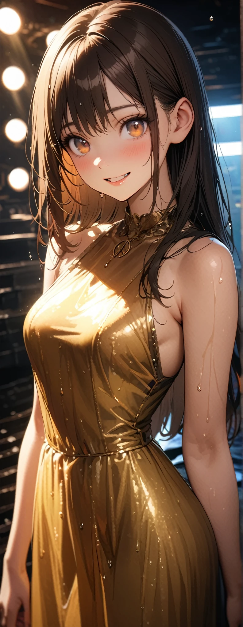 Straight Hair、Brown Hair,((Highly detailed golden sexy dress)), Looks about , (beautiful girl: 1.3),1girl,Highest quality,8k,Highly detailed CG unit wallpaper,masterpiece:1.2,Highest quality,Ultra-high resolution,RAW Photos,Realistic textured skin,Cinema Lighting,happy,Big Eyes,Detailed eyes,Wet,Wet,Watery eyes,weak,((peace sign))