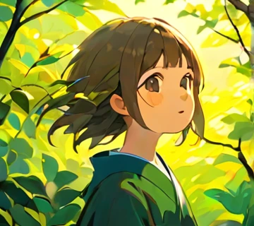 肩にJapanese bush warblerが止まってうれしそうな女の子, Amy Earls, abstract expressionism, dark, gesture, Whimsical、Deformation、Japanese bush warbler