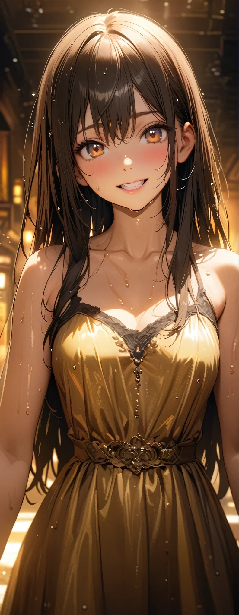 Straight Hair、Brown Hair,((Highly detailed golden sexy dress)), Looks about 17 years old, (beautiful girl: 1.3),1girl,Highest quality,8k,Highly detailed CG unit wallpaper,masterpiece:1.2,Highest quality,Ultra-high resolution,RAW Photos,Realistic textured skin,Cinema Lighting,happy,Big Eyes,Detailed eyes,Wet,Wet,Watery eyes,weak,((peace sign))