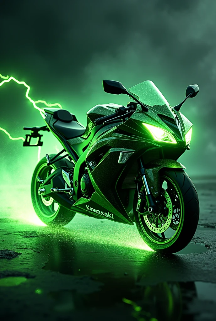 A green lightning bolt in the form of a Kawasaki Ninja 300 motorcycle, beast style 