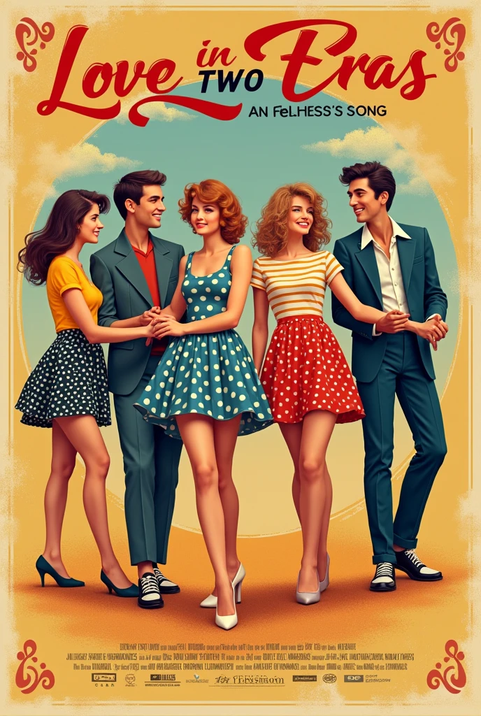 An image to put on a poster for a 60's play with the name: 'Love in Two Eras': An Eternal Song', with the girls in polka dot skirts and the boys dressed in 60s