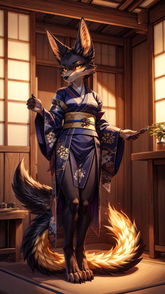 Masterpiece Best quality, the best definition to add aesthetic and lighting details, dark kitsune, Black girl jackal, , ,black body, japanese shrine landscape mt fujisan al fondo add_detail, golden tattoo body, sensual eyes, yellow pupil, glowing eyes, tiene una cola peluda desde la base del coccis add_detail, mira sobre de su ombro, samuray fullbodybarmorbarmor, fullbody, patas con garras, katama en mano, kimono tradicional color azul