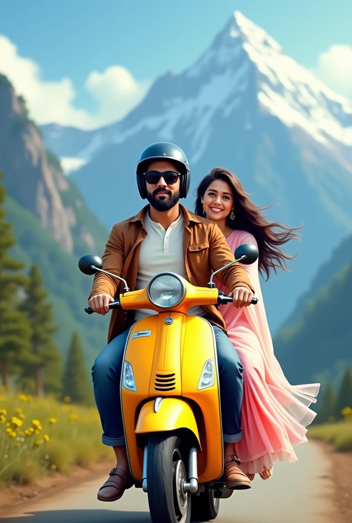 An Indian boy wear white shirt with brown jacket with black sunglass with black helmet on his head is sitting on a yellow scooter with a girl who wear a pink churidar with white dopatta and a mountain backgtound view