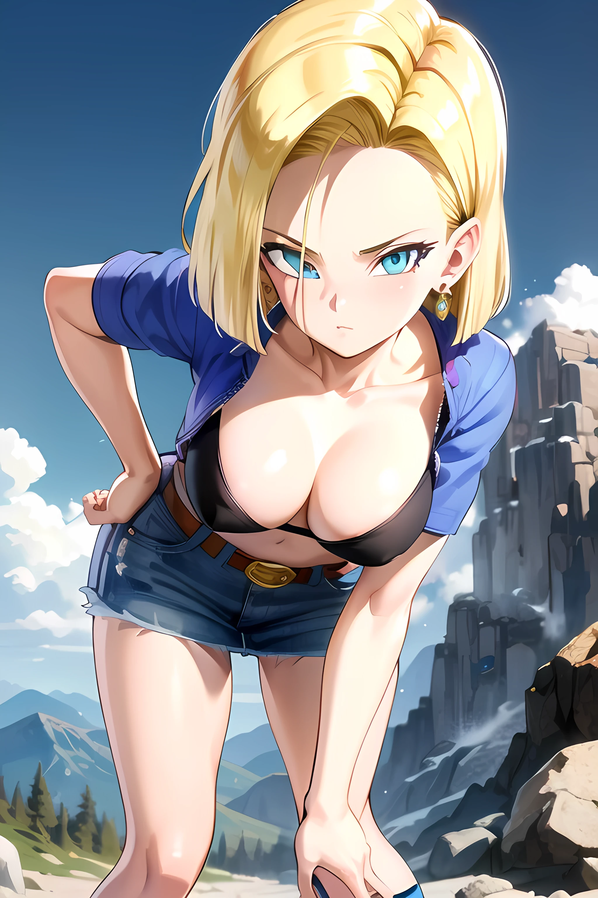 Android 18, 1girl, android 18, solo, blonde hair, blue eyes, short hair, mountain, belt, denim skirt, earrings, jewelry, looking at viewer, bent over, blue skirt, collarbone, bikini top, large breasts