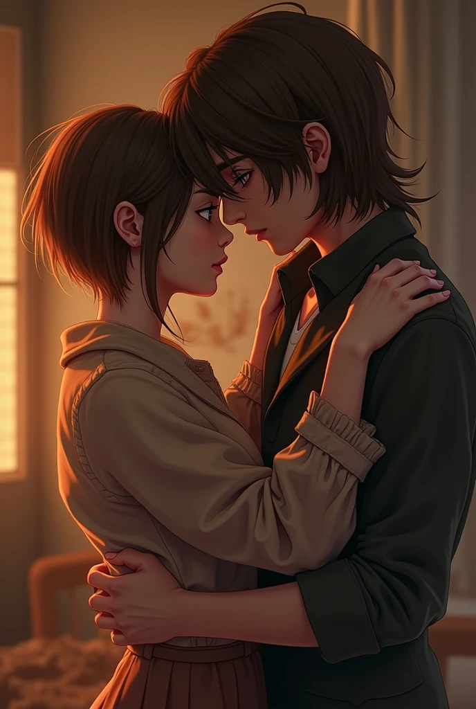 a girl with brown short hair, which is coming till her neck, with a rebellious vibe. holding/loving/kissing a sweet cute boy, with long brown hair. make it look very intimated. they’re adults.