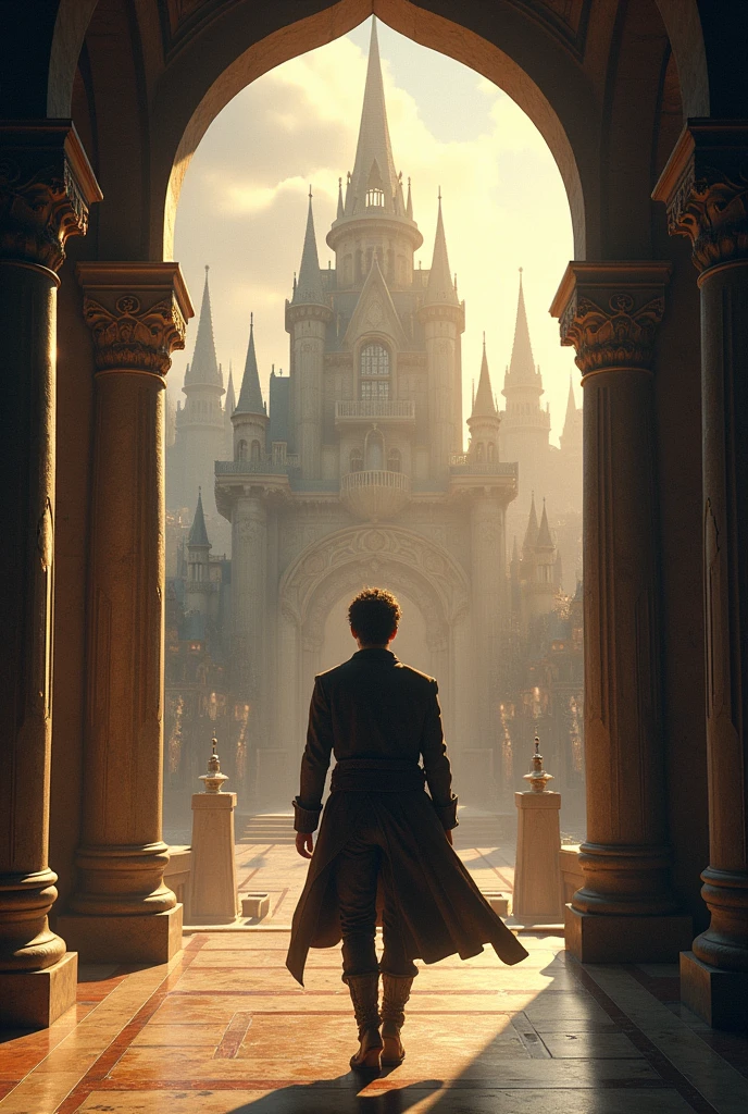 University handsome boy standing entering in the palace of  of king city of  lord of the ring and staring to it. 