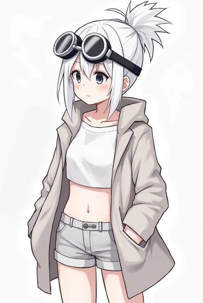 girl、White, unkempt hair、Her hair is tied up high on the right side and is spiky.、Wearing large goggles on his head、Eyes are black、She was wearing a white T-shirt that showed her belly.、She was wearing a thick coat that reached down to her waist.、The left pair of pants is knee-length, the right pair is shorts