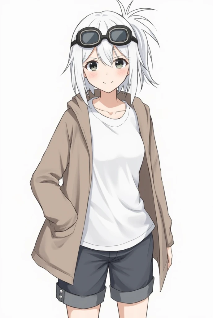 girl、White, unkempt hair、Her hair is tied up high on the right side and is spiky.、Wearing large goggles on his head、Eyes are black、She was wearing a white T-shirt that showed her belly.、She was wearing a thick coat that reached down to her waist.、The left pair of pants is knee-length, the right pair is shorts