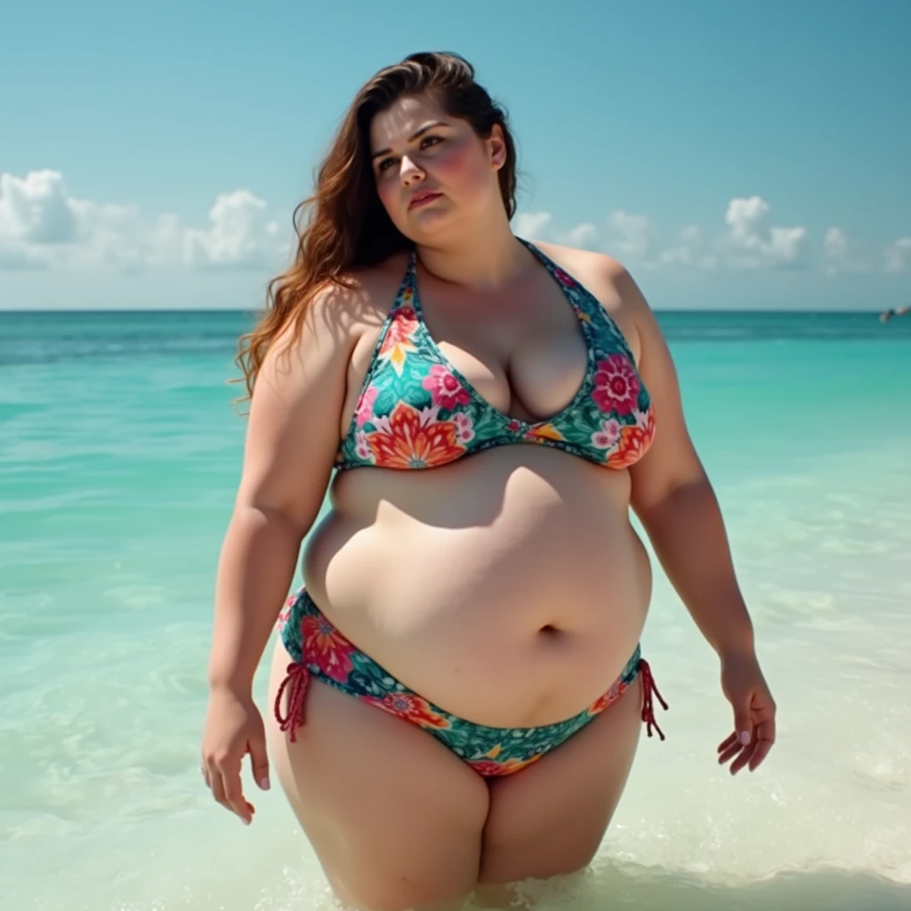 A woman is obese with lots of belly fat and looks like Tess Holliday, she is a plus size model with a beautiful face, she is wearing a colorful bikini swimsuit and has a big belly, she is an obese American female sumo wrestler with a very large belly, her belly is bulging and covered with a lot of fat, she has a nicely hanging belly and only one navel dimple, she is swimming in the ocean on a tropical beach, 4K quality, low angle