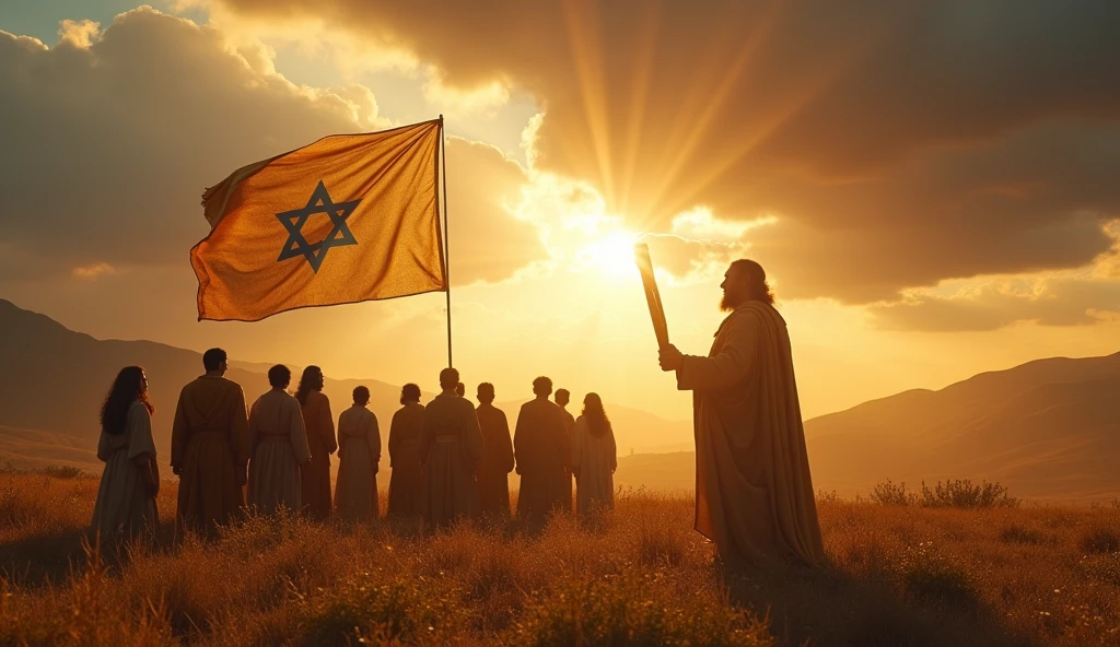 "Create a cinematic scene set in the time of King David, portraying the divine presence over the people of Israel. The image should show a vast field under a dramatic sky, where golden lights and sunbeams penetrate the dark clouds, symbolizing the presence of God. Em primeiro plano, a group of Israelites in period costume, with expressions of reverence and hope, gathers around a large flag with the symbol of Israel. Ao fundo, an imposing figure of David, with a harp in hand, Looking at the sky, while a gentle breeze makes his clothes flutter. The mountains in the distance and the vibrant vegetation should create a setting that emphasizes the grandeur and beauty of the promised land.. The atmosphere should convey a feeling of protection and blessing., as if the presence of God were palpable in the air."