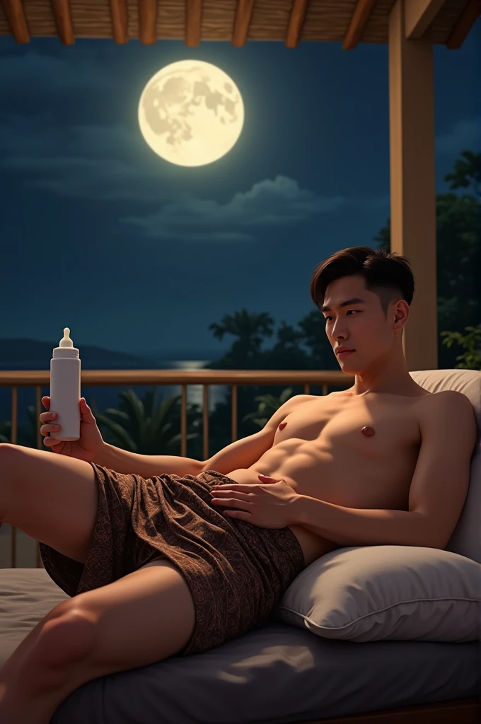  portrait of a Asian man ideal body,with thin hair . just wearing sarong batik bulge dick. was sleeping on House Terrace using a pillow while holding a  milk bottle. the background of the night bulan purnama bersinar terang indah 