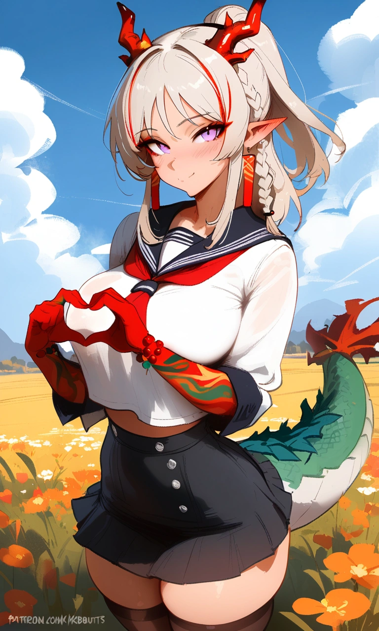 1girl, nian \(arknights\), arknights \\\\\ masterpiece, best quality, newest, horns, ///// , , by khyle, cutesexyrobutts, nyantcha \\\\\ thin waist, highres, absurdes.,,,big breasts, dragon_girl, cropped legs, sky, clouds, dragon tail, serafuku, sailor collar, skirt, light purple eyes, looking at viewer,  black stockings, implied sex, field, smile, blush, ear blush, heart shaped hands