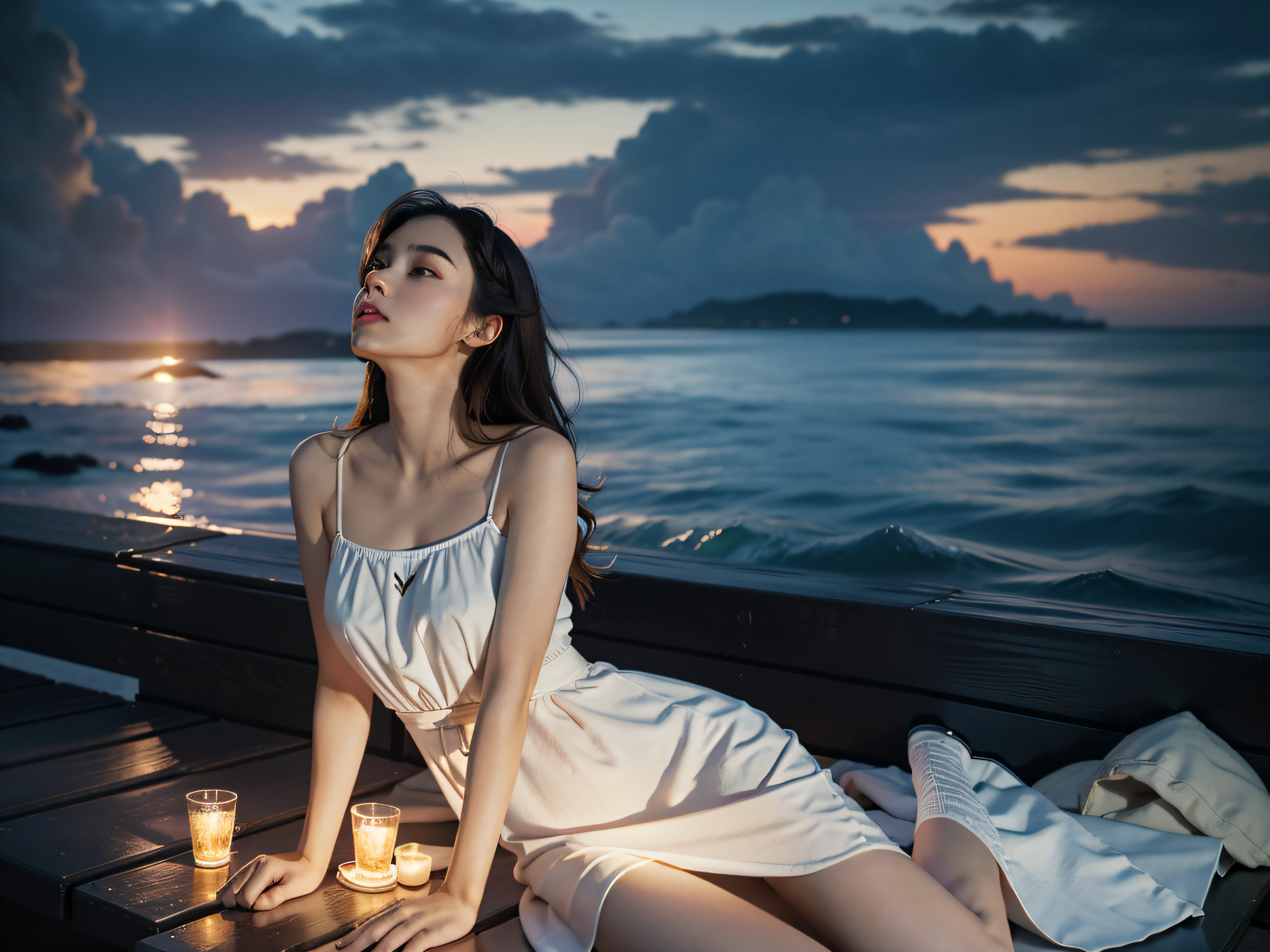 (Front focus), (masterpiece, top quality, the best, official art, Beauty and Aesthetics: 1.2), 1 girl lying on beach chair look up at the night sky, sad, Sitting by the sea, beach, night, look up, Sunset, Sunset, Looking at the sky absentmindedly, Wear a long skirt, White long skirt, (Half-length photo: 1.5), dynamic poses, original photo, contemporary aesthetics, Bright light, Backlight, original photo, sharp focus, realistic feeling, movie lighting, Volumetric lighting,