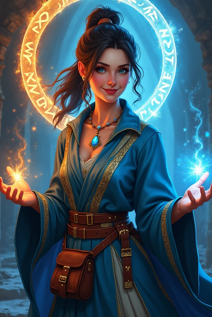 colorful portrait illustration, (attractive female as a wizard, ponytail, wearing_long_flowing_blue_intricately_embroidered_wizard_robes), (necklace, pouches, belts, smiling, highly detailed face, masterpiece, best quality), highly detailed, (in a dungeon), mage_glam, (large glowing runed circles), fire and ice, casting a spell, ultra high resolution, by Alexandre Calame and  Alyssa Monks and Shigeru Ban