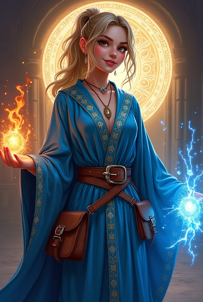 colorful portrait illustration, (attractive female as a wizard, ponytail, wearing_long_flowing_blue_intricately_embroidered_wizard_robes), (necklace, pouches, belts, smiling, highly detailed face, masterpiece, best quality), highly detailed, (in a dungeon), mage_glam, (large glowing runed circles), fire and ice, casting a spell, ultra high resolution, by Alexandre Calame and Alyssa Monks and Shigeru Ban