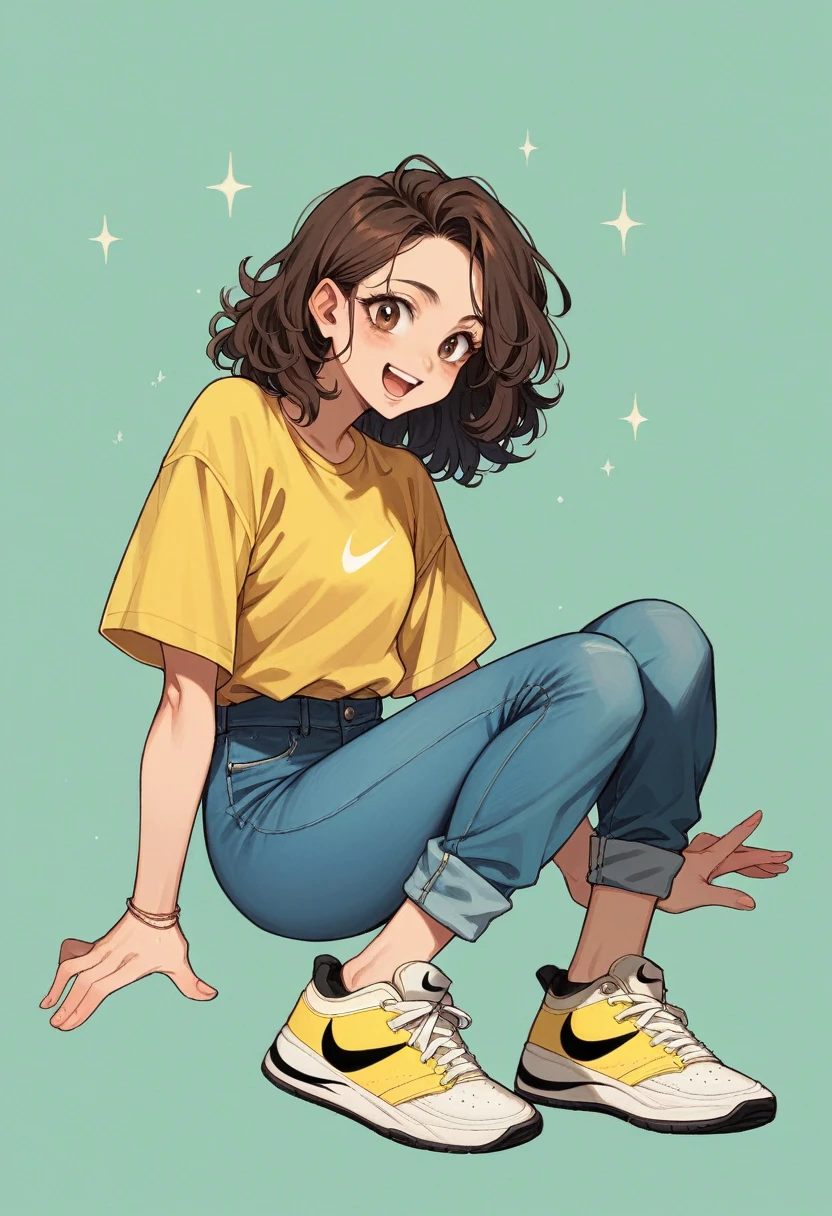 an image of a happy 16-year-old girl, fair skin, light brown eyes, short, curly dark brown hair, wearing blue jeans and a yellow shirt, wearing Nike sneakers
