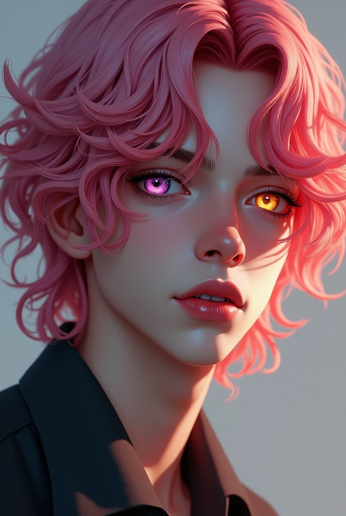 20 year old male with shoulder length wavy cherry pink hair with one violet eye and the other was gold. 