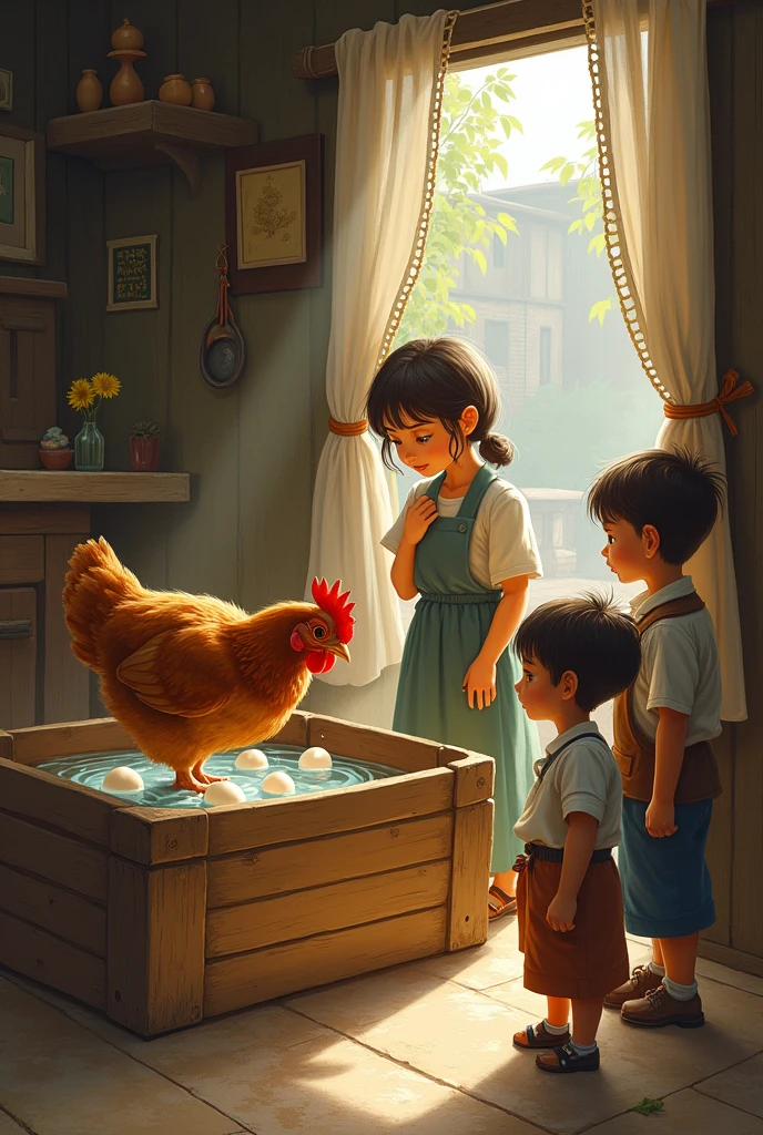 A brown hen sitting  and drinking water in a wooden box with some eggs in a room at morning in village and mother with two boys are watching that moment at side