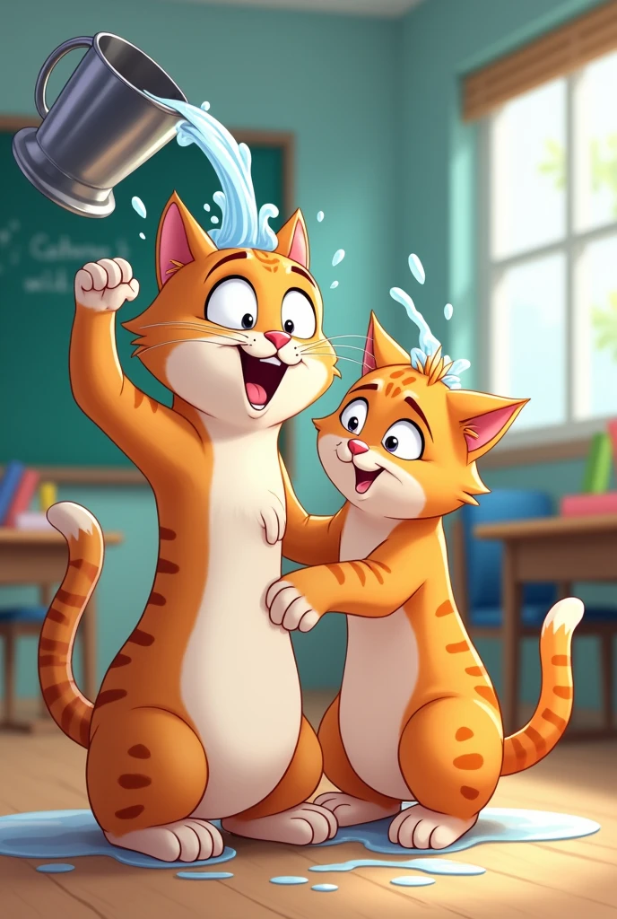Two cats in a school class one cat pour water on another cat  animated cat poure water o  head of other cat