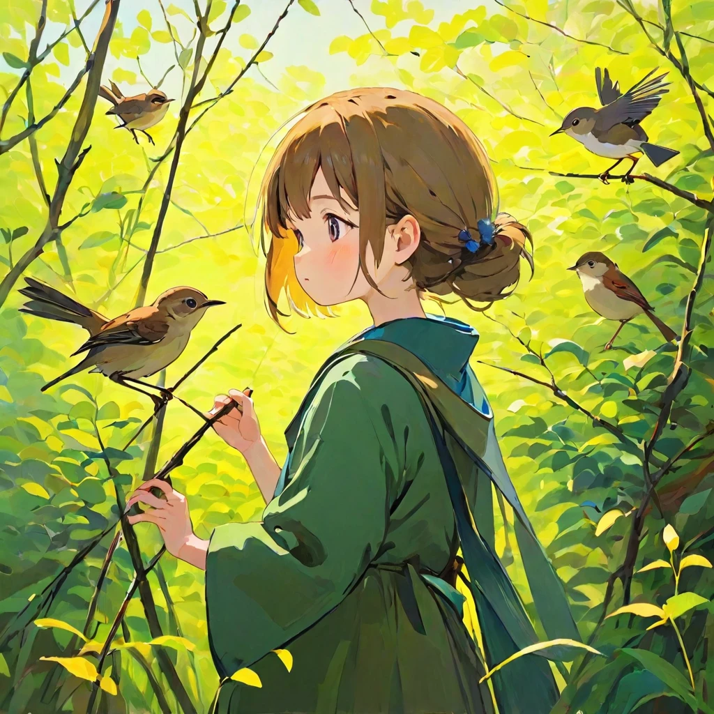 肩にJapanese bush warblerが止まってうれしそうな女の子, Amy Earls, abstract expressionism, dark, gesture, Whimsical、Deformation、Japanese bush warbler、bird