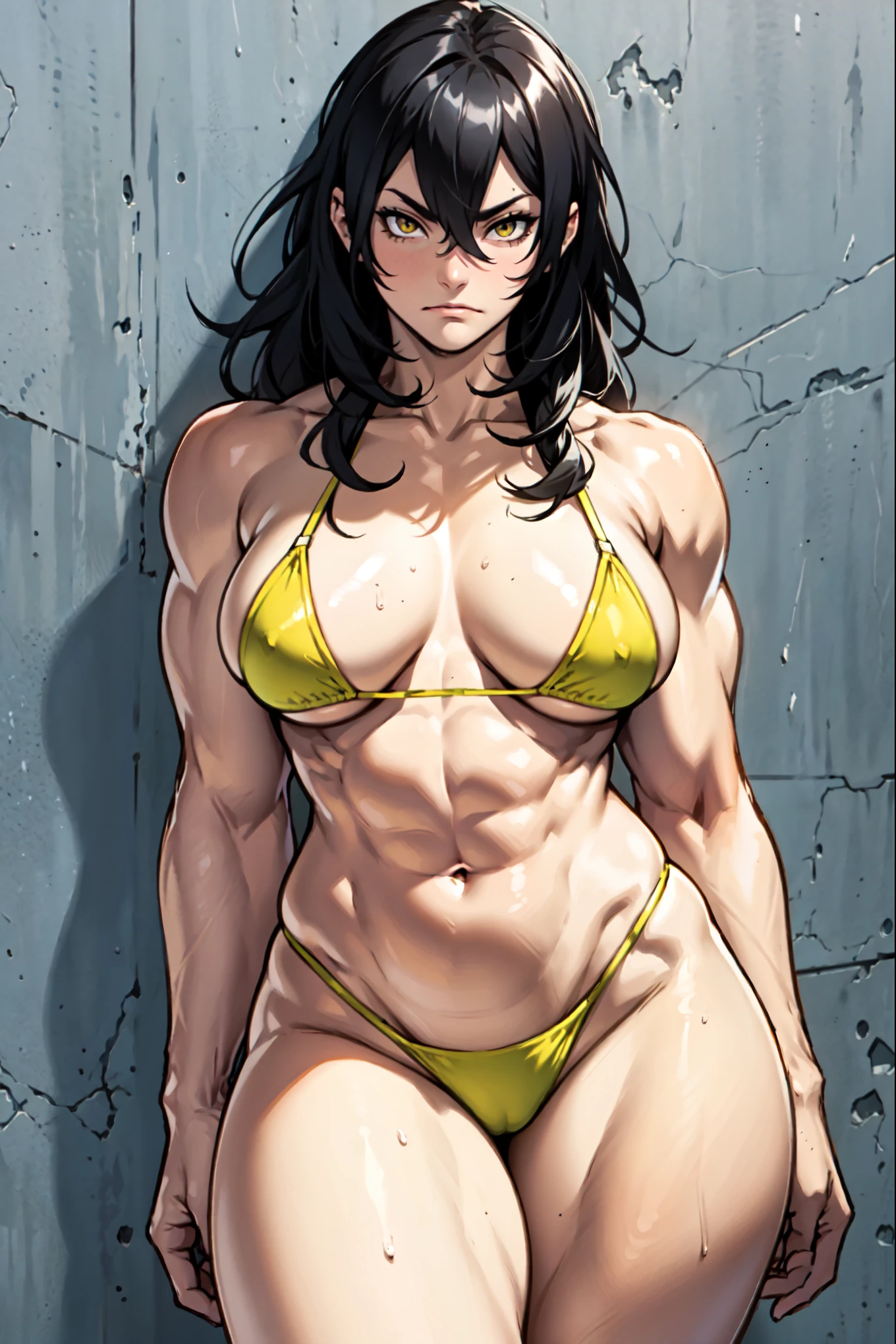 grey background micro bikini 1girl black hair yellow eyes very long hair pale skin frown bodybuilder huge breasts muscular toned body curvy wide hips thick thighs skintight