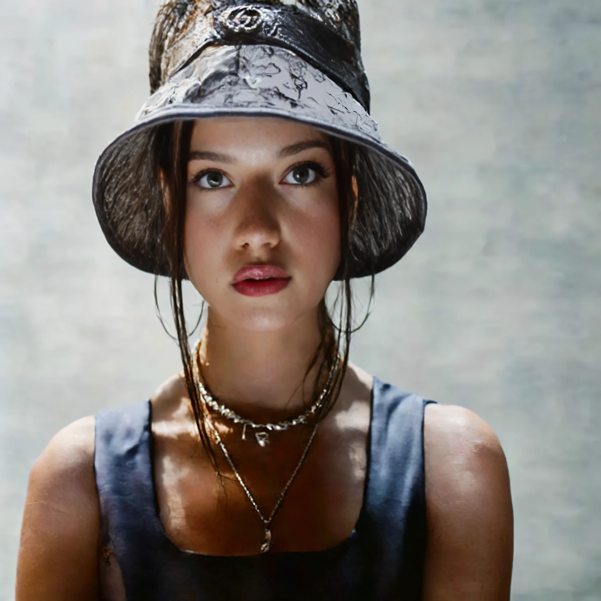 Da ist eine Frau, wearing a hat and a necklace., wearing a collar and a cute hat, with hat, Im Thomas-Ruff-Stil, als Mode-Editorial der 90er, She wears a hat, woman with hat, Julia Gorokhova, anna nikonova, alexey egorov, Bucket Hat, Color photo from the 90s, Photography of the 90s