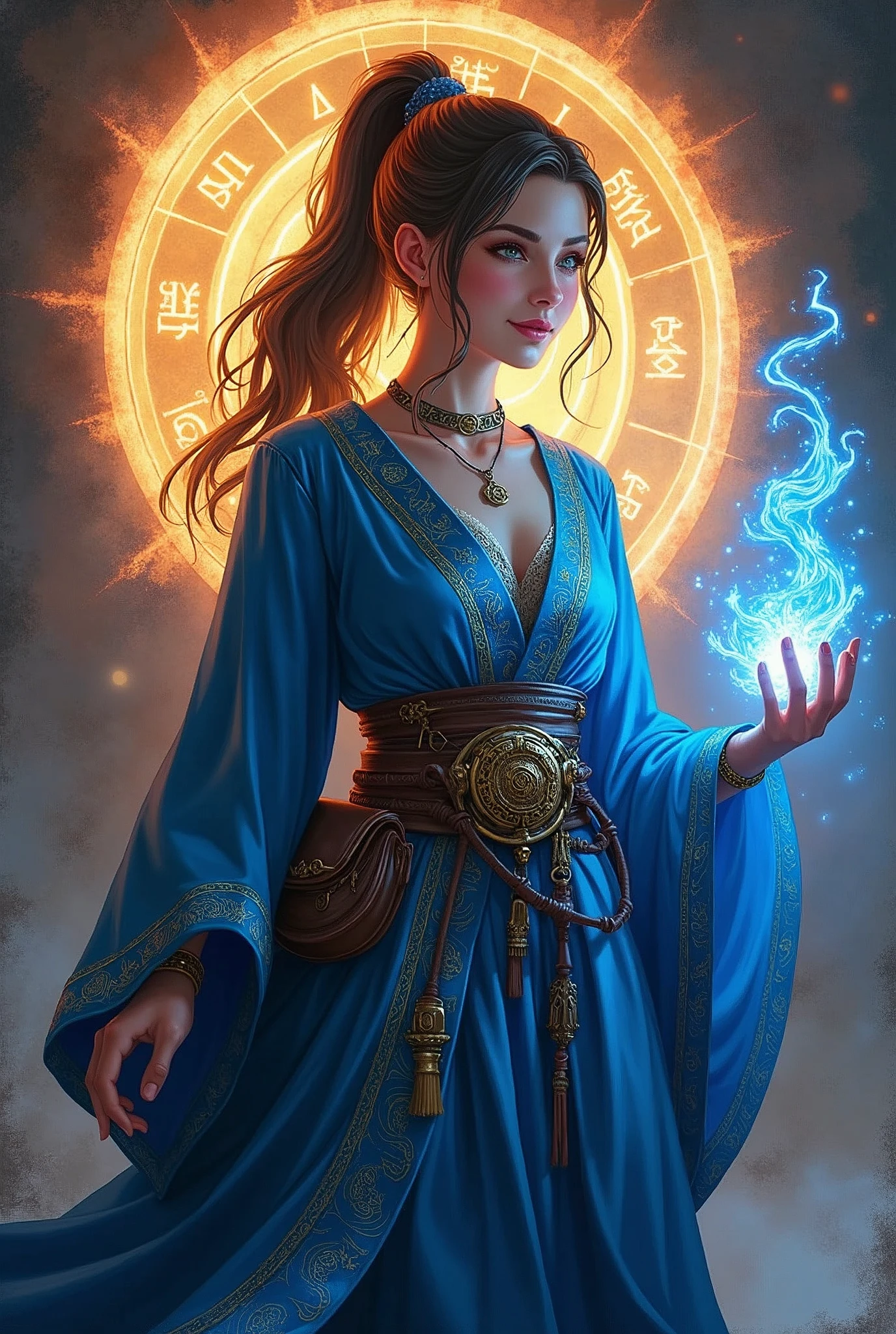 colorful portrait illustration, (attractive female as a wizard, ponytail, wearing_long_flowing_blue_intricately_embroidered_wizard_robes), (necklace, pouches, belts, smiling, highly detailed face, masterpiece, best quality), highly detailed, (in a dungeon), mage_glam, (large glowing runed circles), fire and ice, casting a spell, ultra high resolution, by Alexandre Calame and Alyssa Monks and Shigeru Ban