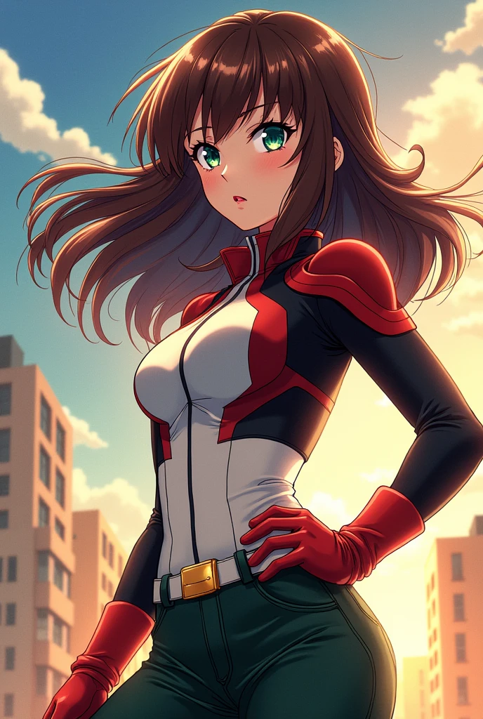 Brown haired girl with bangs, green eyes, Pink lips and a perfect body in My hero academia