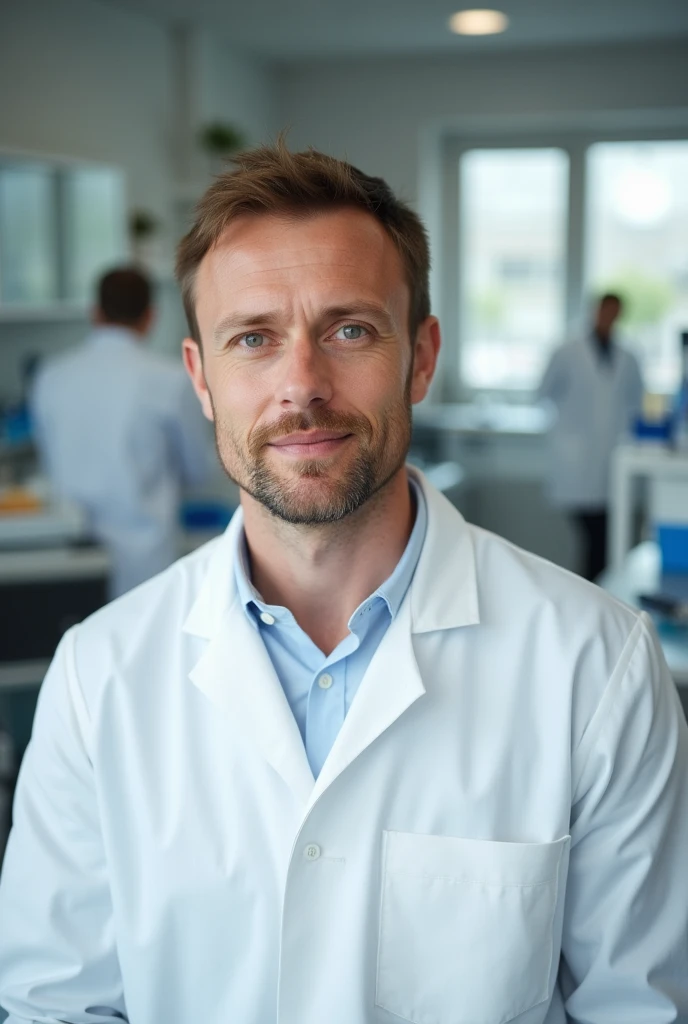 Man  ,front picture  ,  short hair , with white shirt , in a lab , profile picture