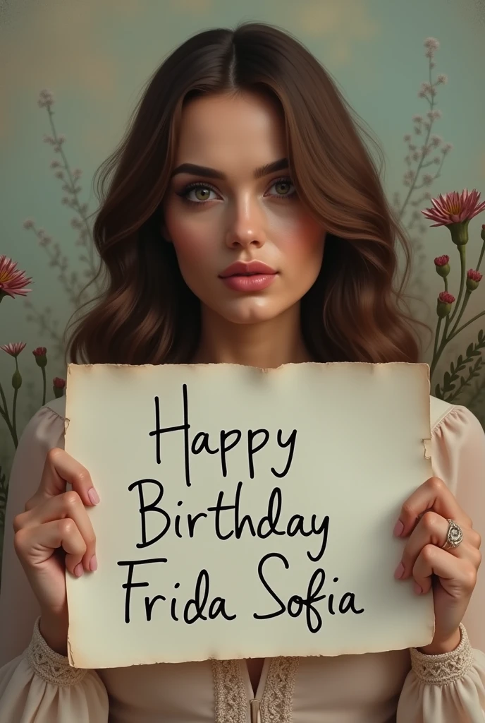 Lana del rey holding a sign that says Happy Birthday Frida Sofia
