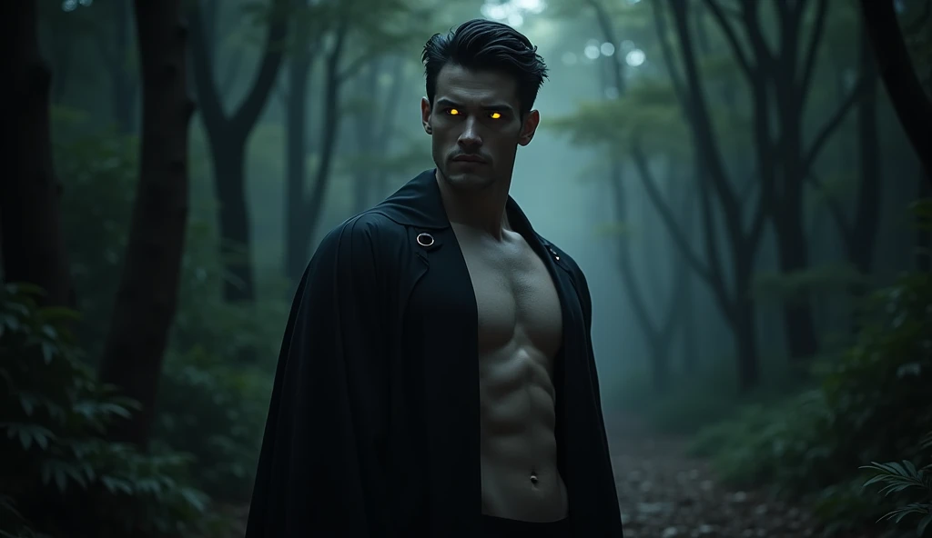 beautiful white man, with black hair, bright yellow look, that stands out in the darkness of the forest, with a muscular and strong body, wearing a black cape, with chewed and square jaws, half body picture. he is partially surrounded by total darkness, you can only partially see your body because of the shadows