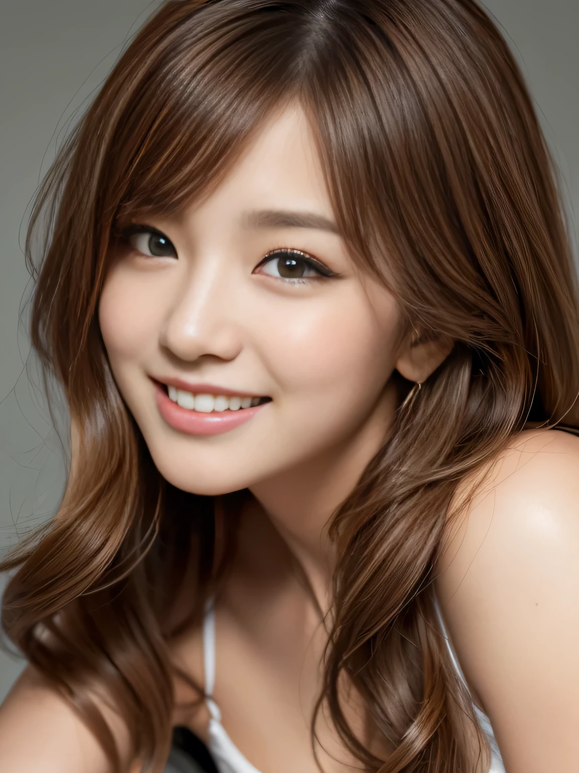 masterpiece, best quality, ultra-detailed, intricately detailed hyperdetailed, realistic, sharp features, highly detailed, sharp focus, Realistic, Photorealistic:1.3, (19 years old:1.3), perfect face, perfect symmetrically eyes, perfect full lips, hyper detailed, hyper realistic, high resolution, beautiful young korean woman, Slender, brown hair, Stylish, model poses, Beautiful Face, light brown hair, messy hair, Beautiful hairstyle, (seductive smile:1.2), (looking at viewer), cinematic lighting, White background,