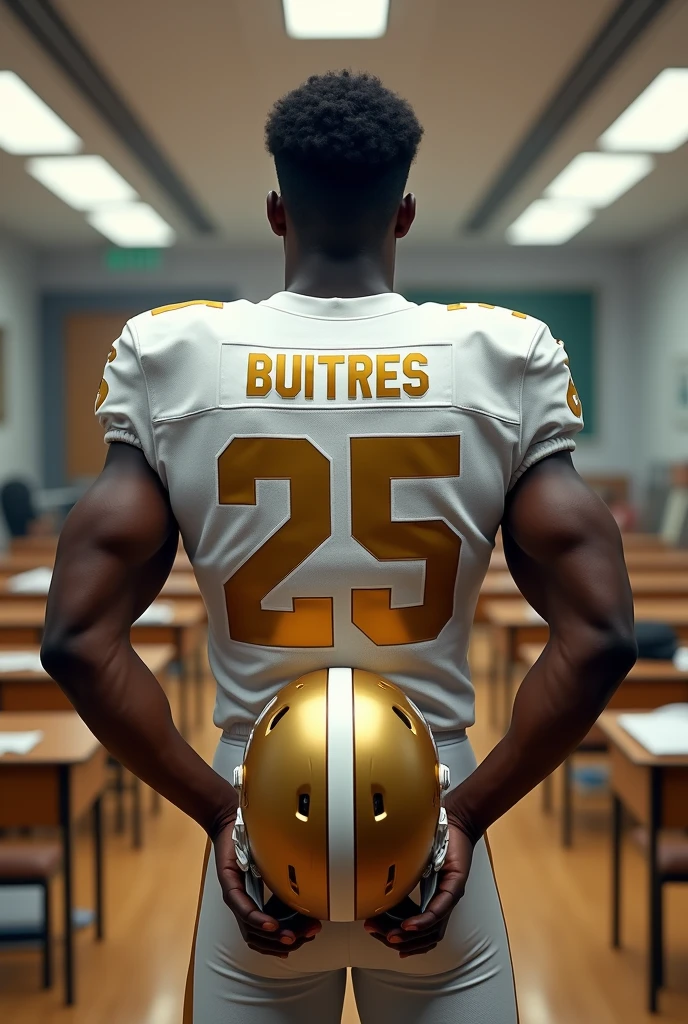 create an image that is a pharmacology classroom , a player with his back turned wearing a white jersey with the name of the Buitres team on his back, Add gold details to the uniform, holding a gold football helmet 