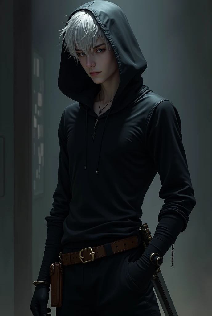 Young man, short white hair with a few black strands, bangs covering right eye, wearing black long sleeve shirt, black pants, black gloves, black hood, Sword hanging on left hip, small pouch on right hip.