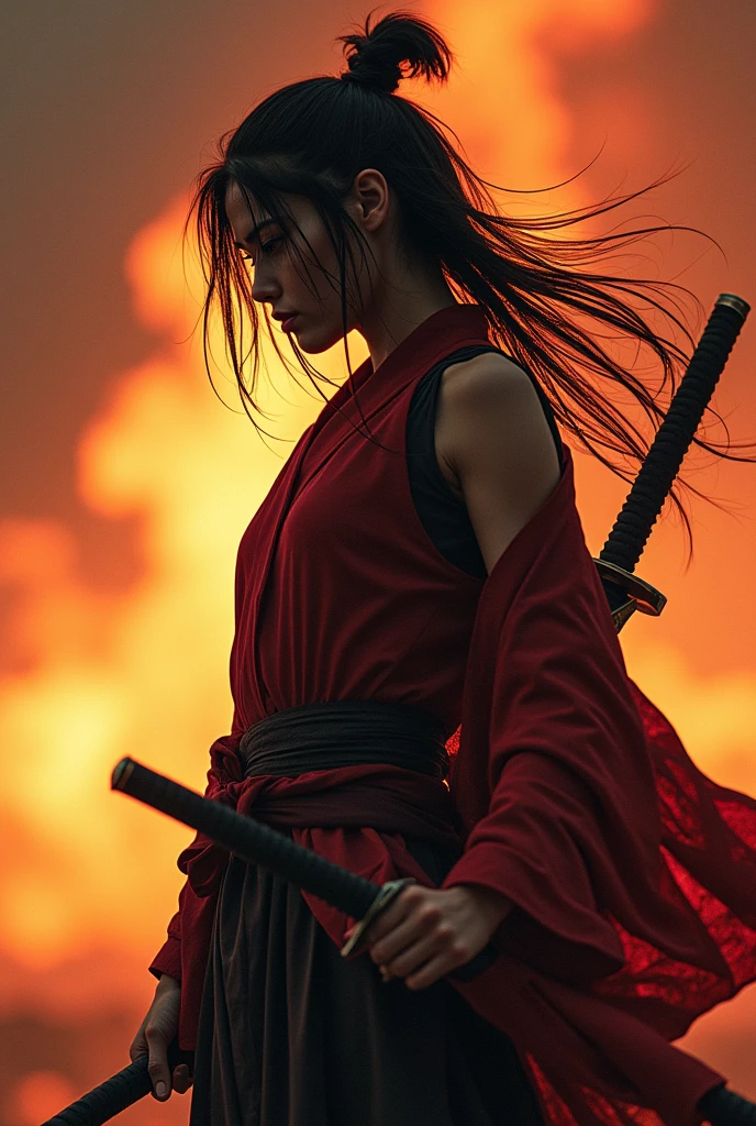 a male samurai with messy long hair and a swordin her hand wita a fire background