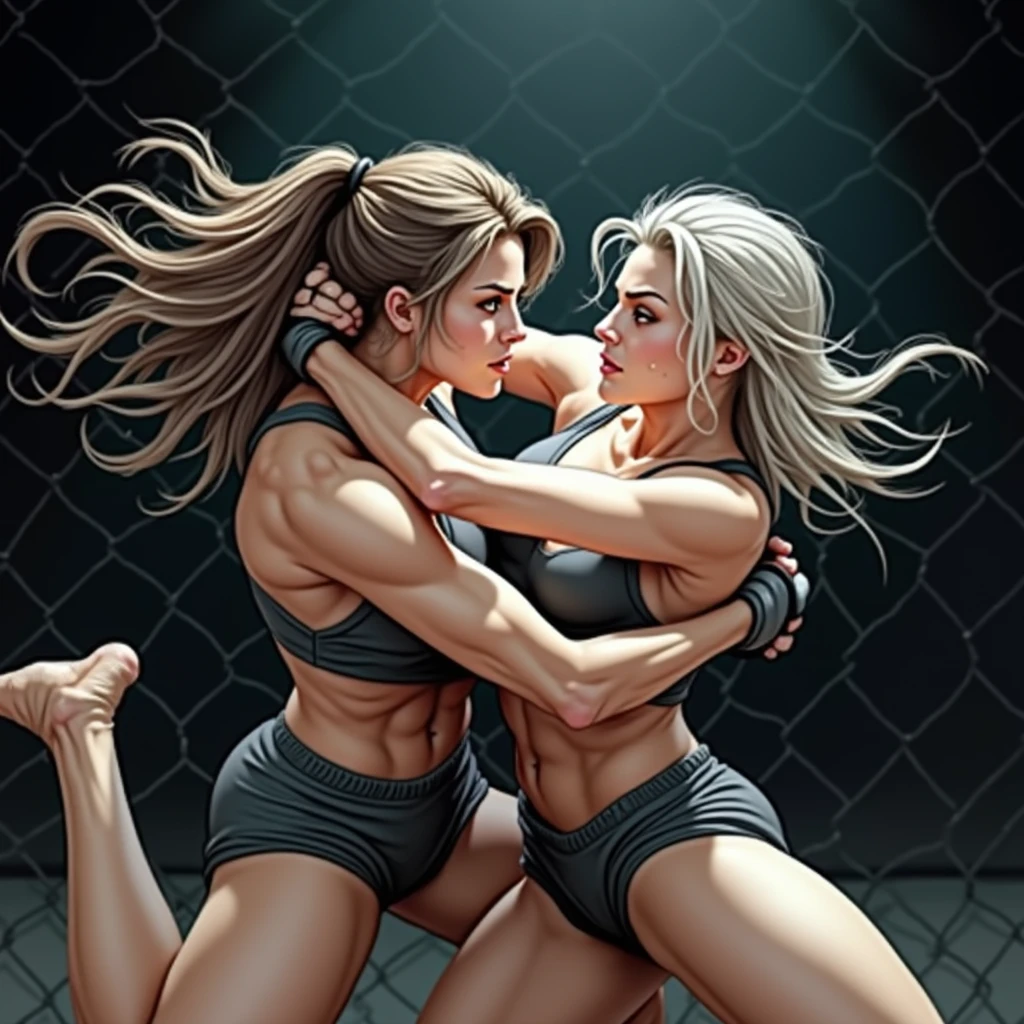 Two beautiful athletic blonde giant women wrestle barefoot while stepping on miniature cars scattered across a dirty kitchen floor. 