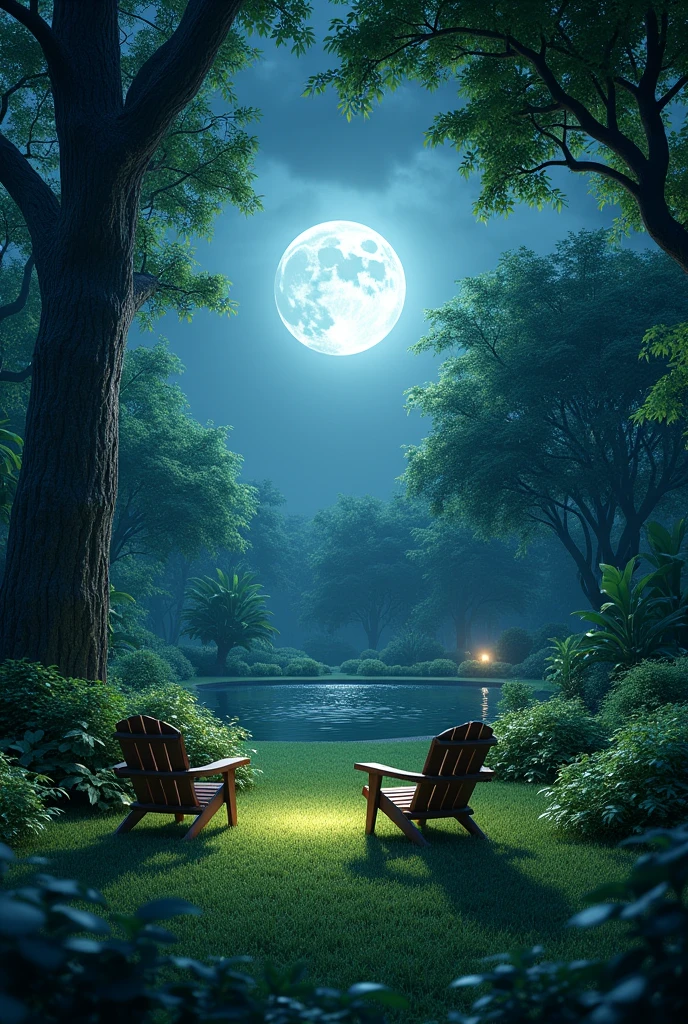 A moonlit garden , greenery , chairs