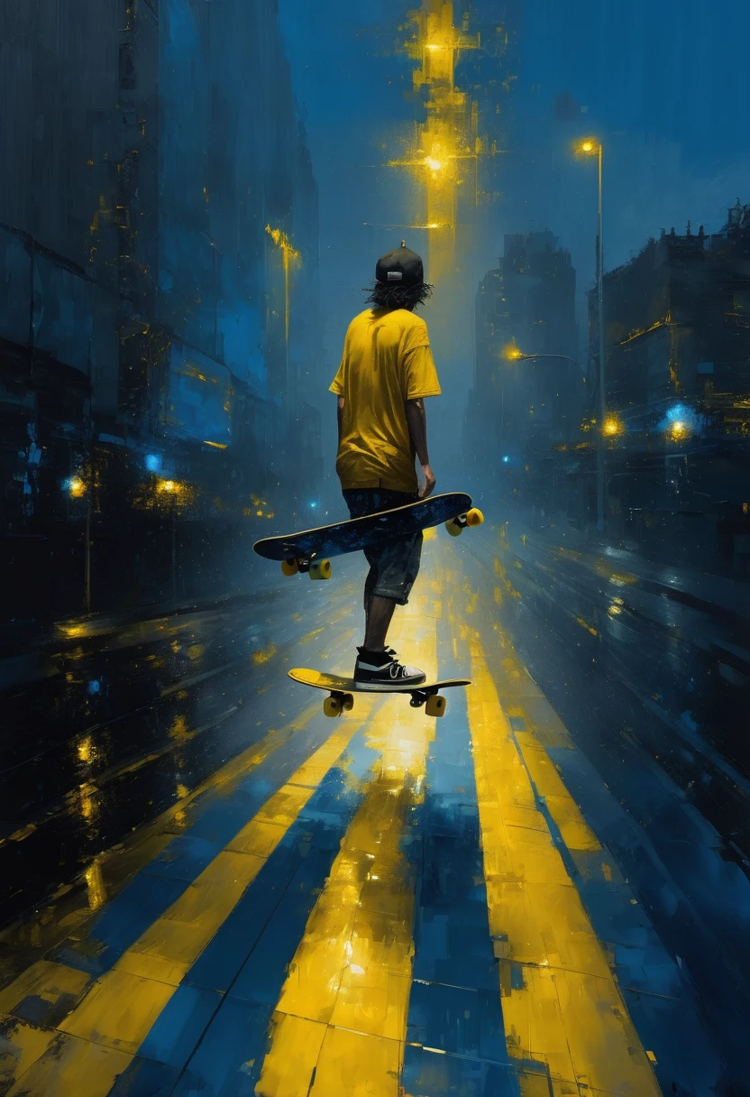 High relief pixel art made by oil painting by Jeremy Mann of a skateboarder erect on a nightmare pretty surreal at night, deep grey and black blue and golden yellow, 4D, 8K, photorealistic, dreamlike, big and complex composition storytelling, masterpiece, Impressionism