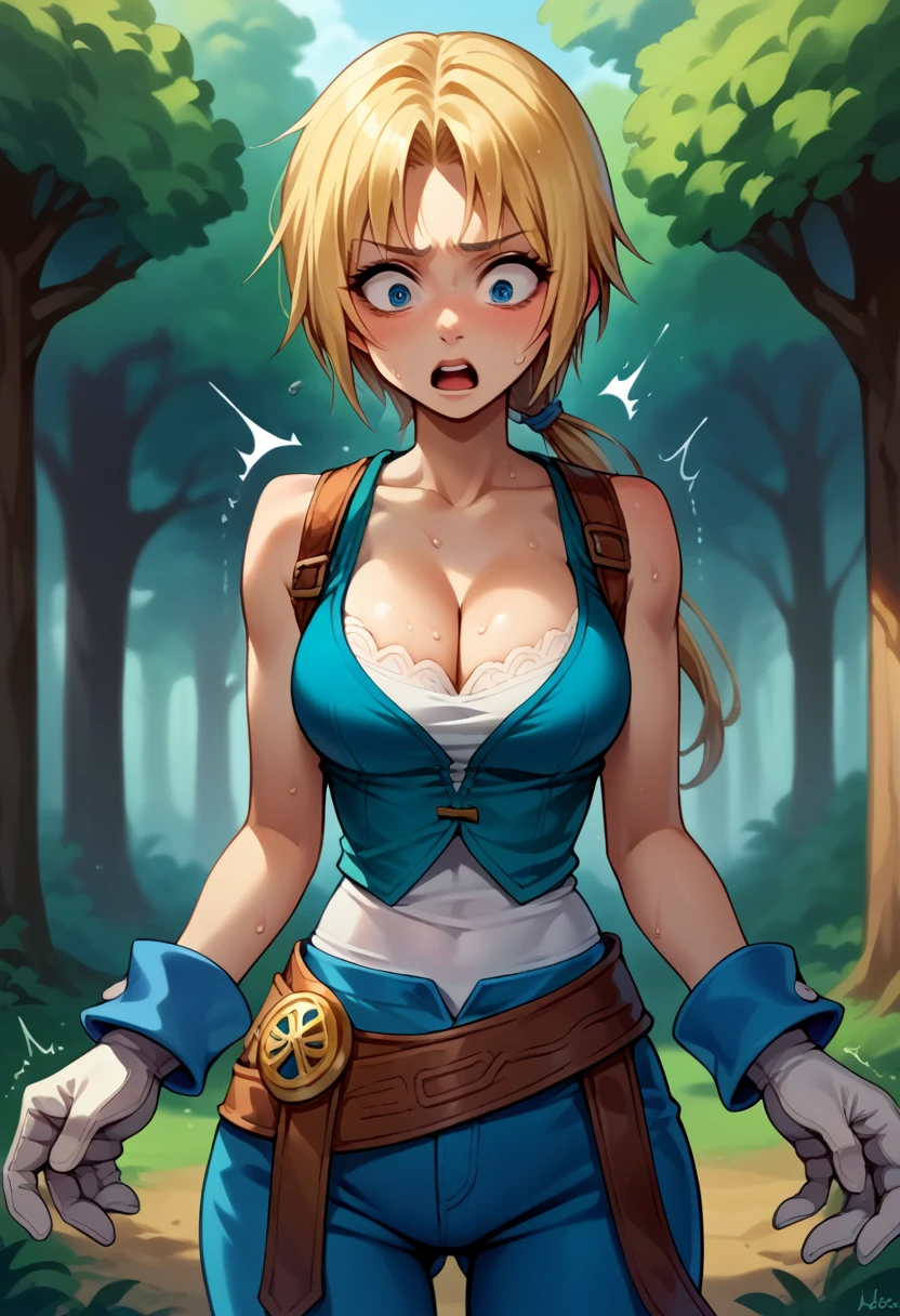 score_9, score_8_up, score_7_up, (female:1.5), 1girl solo, female focus, female body, skinny, zidane, blonde hair, medium hair, blue eyes, monkey tail, low ponytail, parted bangs, gloves, blue pants, standing, shocked, shaking, sweating, cleavage, looking down , deep forest