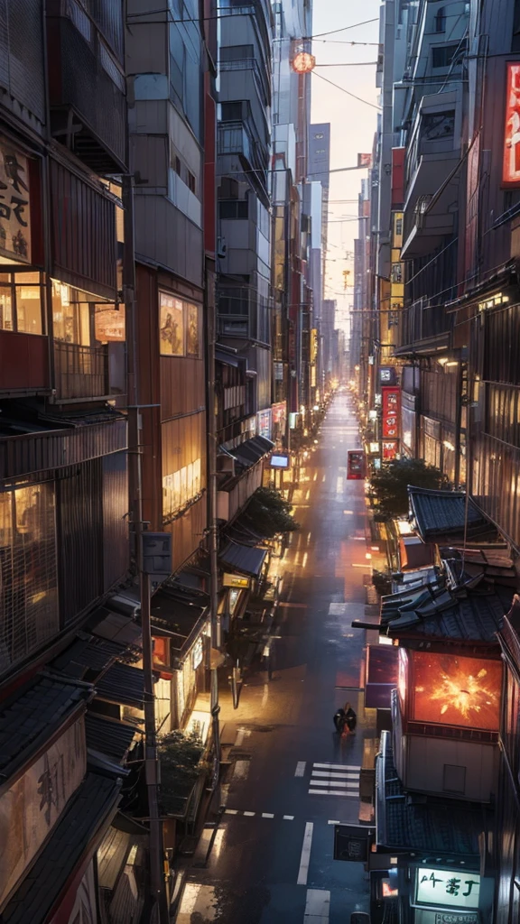 Buildings destroyed at night in Tokyo, Japan, catching fire the buildings