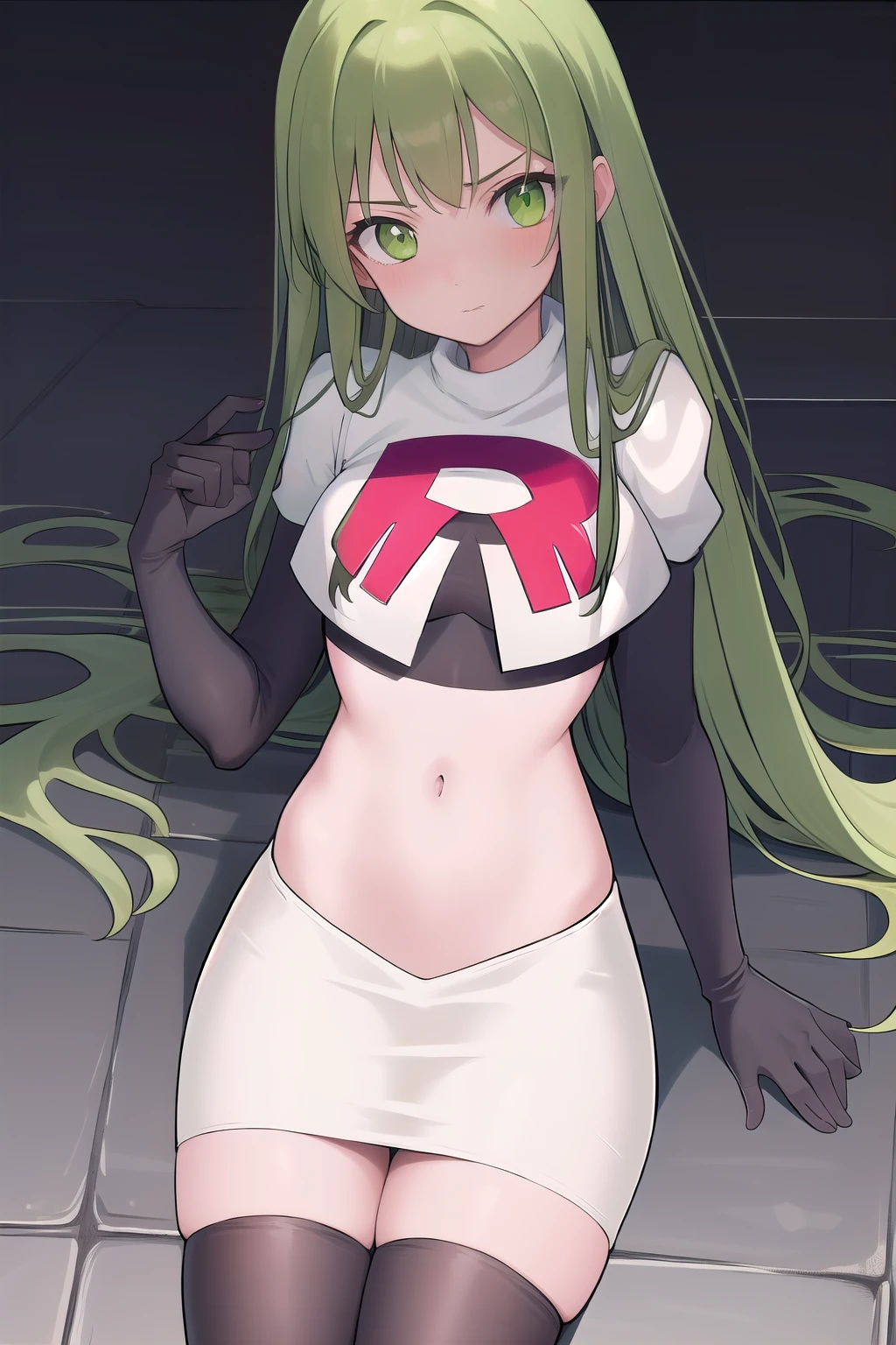 masterpiece, best quality, 1girl, solo, looking at viewer, blush, sitri, green eyes,green hair,team rocket,team rocket uniform,white skirt,red letter R,crop top,black thigh-highs,black elbow gloves