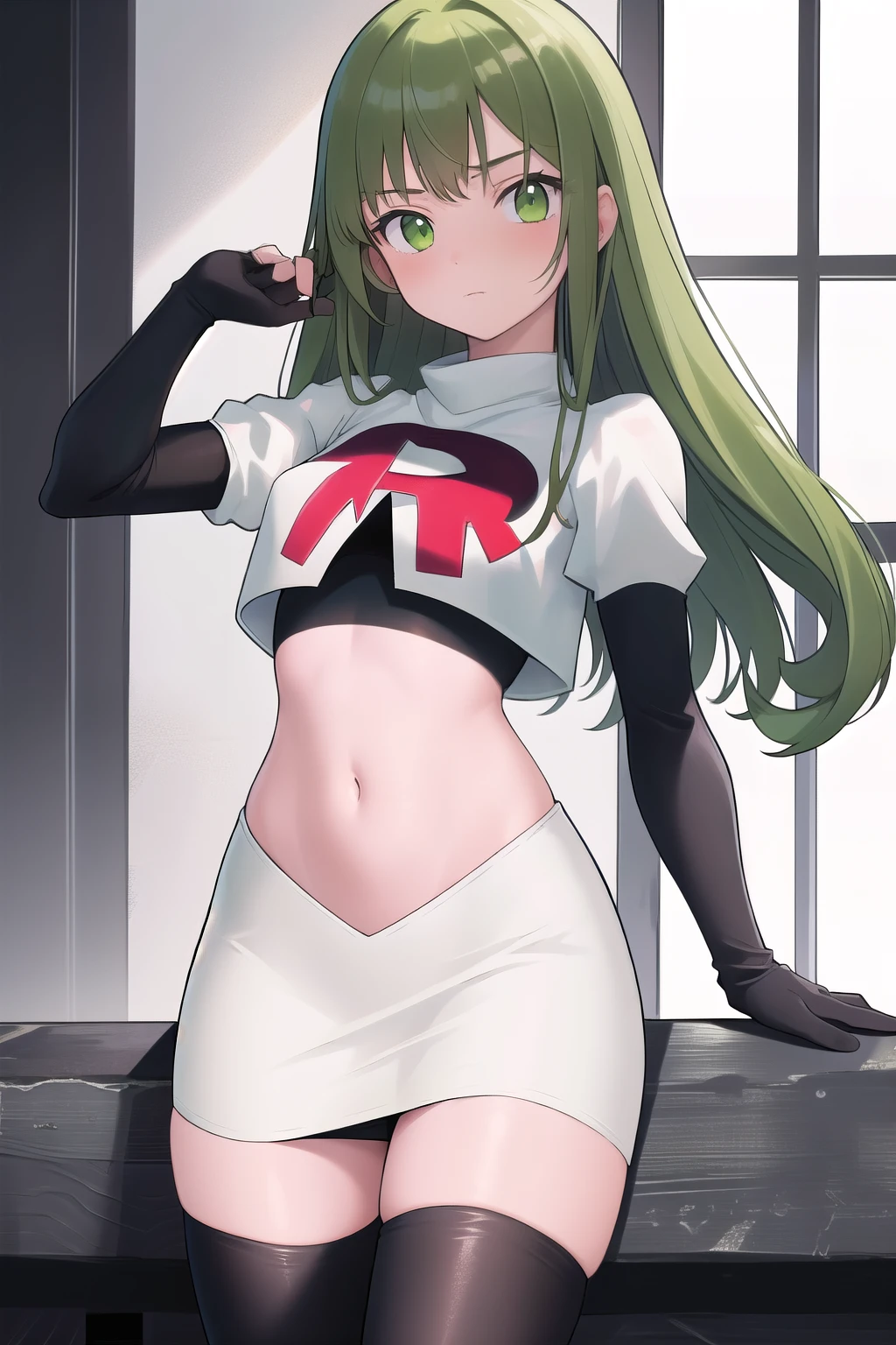 masterpiece, best quality, 1girl, solo, looking at viewer, blush, sitri, green eyes,green hair,team rocket,team rocket uniform,white skirt,red letter R,crop top,black thigh-highs,black elbow gloves