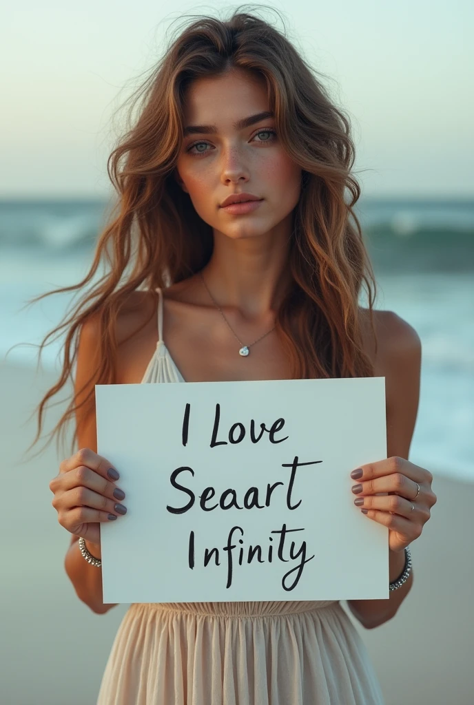 Beautiful girl with wavy long hair, bohemian dress, holding a white board with text "I Love Seaart Infinity" and showing it to the viewer