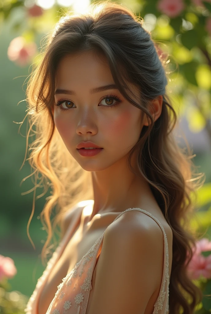 a woman, beautiful detailed eyes, beautiful detailed lips, extremely detailed face, long eyelashes, elegant dress, flowing hair, graceful pose, serene expression, idyllic garden background, sunlight filtering through trees, lush greenery, soft color palette, cinematic lighting, intricate details, photorealistic, 8k, hyper detailed, masterpiece