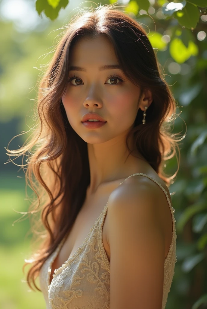 a woman, beautiful detailed eyes, beautiful detailed lips, extremely detailed face, long eyelashes, elegant dress, flowing hair, graceful pose, serene expression, idyllic garden background, sunlight filtering through trees, lush greenery, soft color palette, cinematic lighting, intricate details, photorealistic, 8k, hyper detailed, masterpiece