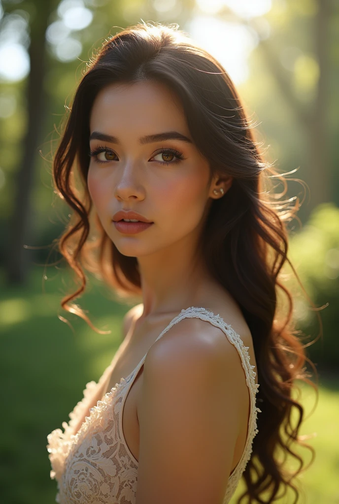a woman, beautiful detailed eyes, beautiful detailed lips, extremely detailed face, long eyelashes, elegant dress, flowing hair, graceful pose, serene expression, idyllic garden background, sunlight filtering through trees, lush greenery, soft color palette, cinematic lighting, intricate details, photorealistic, 8k, hyper detailed, masterpiece